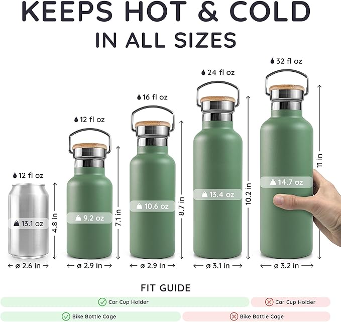 Bambaw Insulated Water Bottle 16 oz, 16 oz Stainless Steel Water Bottle with Handle Easy to Carry, Great for Travel, Work & Gym, Keeps Drinks Cold for 24h Cold & Hot for 12h (Sage Green)