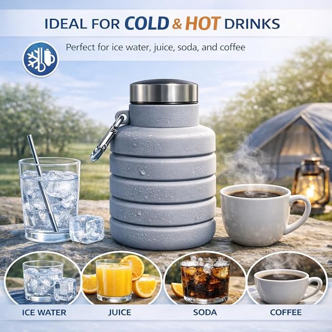 Collapsible Water Bottles,16oz Capacity Portable Reusable Silicone Water Bottle,Leak-proof,with buckle,foldable storage,Lightweight Durable for Fitness,Cycling,Sports,Camping,Hiking (Green)