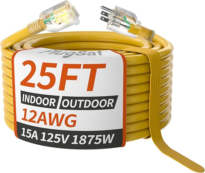 PlugSaf 25ft 12/3 Gauge Outdoor Extension Cord Waterproof with Lighted Indicator, 12 Gauge SJTW Heavy Duty 15Amp 1875W, 3 Prong Cords Flexible Pure Copper Yellow ETL Listed