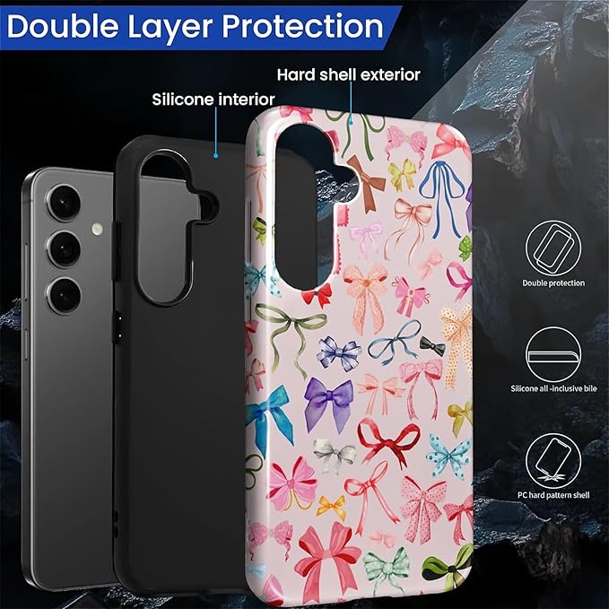 for Samsung Galaxy S25 Plus Case,HL2 Aesthetic Color Bow Tie Hybrid 2 Layer Hard Shell Silicone Protective Pattern Design Case