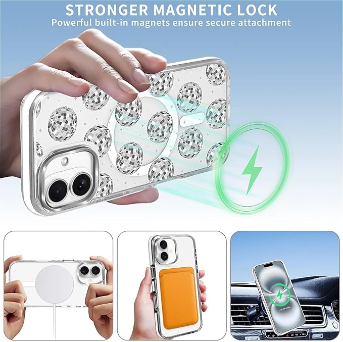 Case for iPhone 16 Plus,[Compatible with MagSafe],Disco Ball Grayish White Phone Case Design，for Women Girls Magnetic Clear Cover - Slim, Sleek, & Shockproof Protection