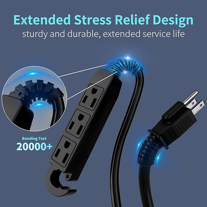 Energeaster 16/3 15 Ft 3 Outlet Extension Cord Outdoor Waterproof, Black Extension Cords with Multiple Outlets, 3 Prong with Multi Outlet Outside 13A 1625W 16AWG, ETL Listed