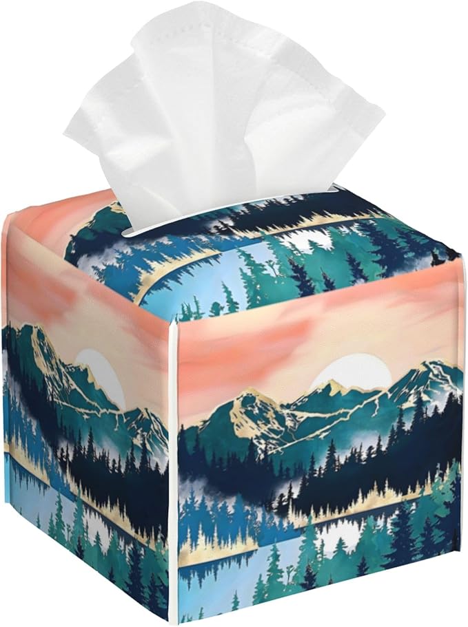 Tissue Box Cover Square,Abstract Mountains and Trees Tissue Box Holder Waterproof Leather Facial Paper Case Modern Home Decoration for Bedroom Dresser Night Stand Office Desk