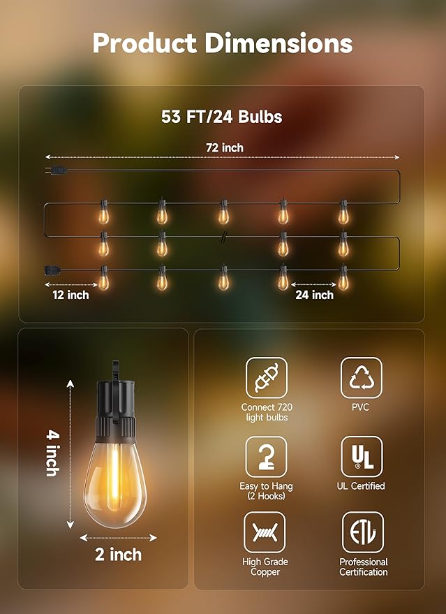 Minetom 53FT Outdoor String LED Patio Lights Waterproof, 24 Shatterproof S14 Vintage Edison Bulbs,Commercial Grade Outside Hanging Lights Waterproof for Porch Deck Garden Backyard Balcony Cafe Bistro