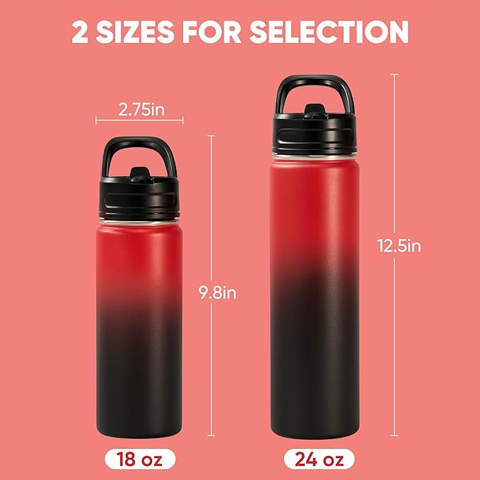 Fijinhom 18oz Insulated Stainless Steel Water Bottle with Straws, Double Wall Vacuum Insulated Bottles, Metal Thermo for Travel, Sports, Leak-Proof, BPA Free, Women & Men, Red Gradient