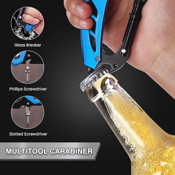 FUNBRO EDC Multitool Carabiner with Knife, Bottle Opener, Window Breaker and Screwdriver, Survival Knives Tools for Men Outdoor Camping (Blue)