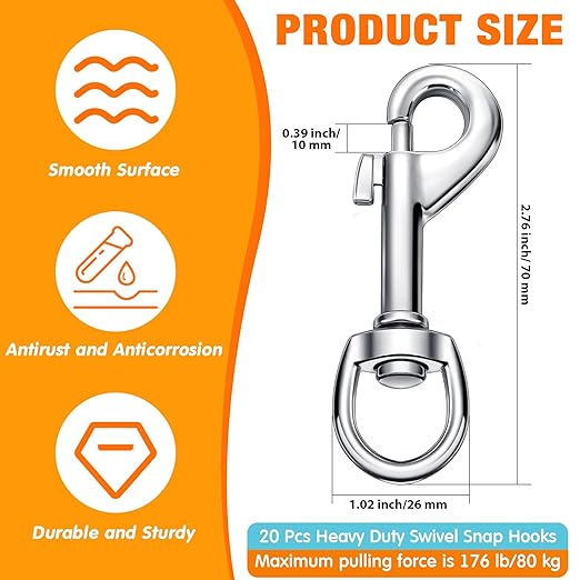 Therwen Heavy Duty 2.76 Inch Flag Hooks Clasp Single Ended Clip Hooks Multipurpose Bolt Snap for Keychain Camera Strap Linking Pet Leash (20)