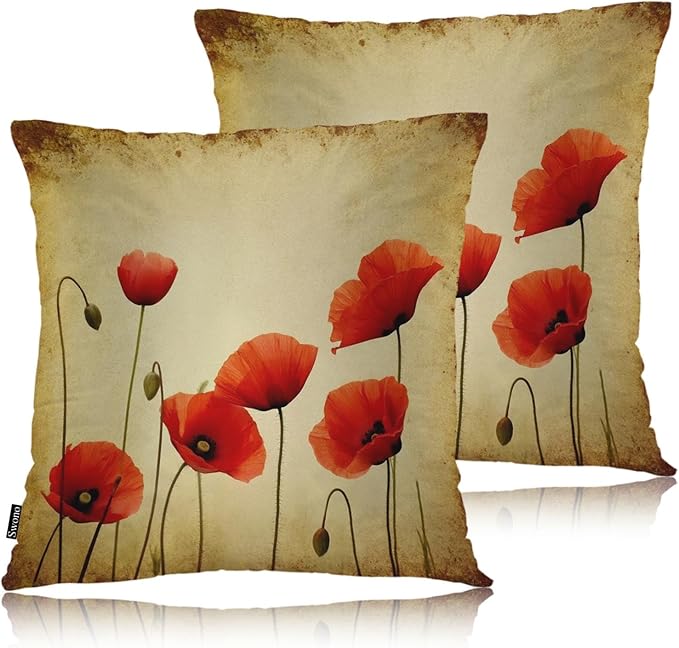 Swono Poppies Throw Pillow Cases, Grunge Poppy Flower Field Set of 2 Decorative Throw Pillow Cover, Square Pillow Cushion Case Home Decor for Sofa Couch Bed Car 18x18 Inches, Brown Red