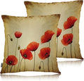 Swono Poppies Throw Pillow Cases, Grunge Poppy Flower Field Set of 2 Decorative Throw Pillow Cover, Square Pillow Cushion Case Home Decor for Sofa Couch Bed Car 18x18 Inches, Brown Red