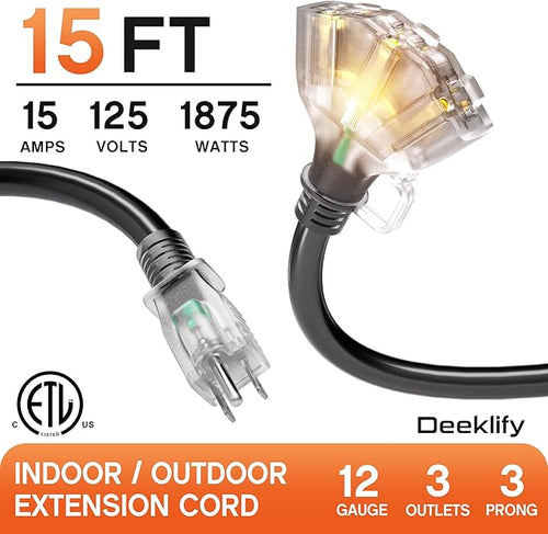 15 ft 12 Gauge Heavy Duty 3 Outlet Extension Cord Splitter with Indicator, Waterproof Outdoor Extension Cord with Multiple Outlets, 15A 1875W for Home & Workshop, ETL Listed, Black SJTW