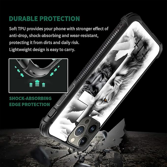 for iPhone 16 Pro Max Case, Lion Cross Jesus Christ Dove Pattern Graphic Design Girl Boy Soft Silicone Hard Acrylic Shock Protection for iPhone 16 Pro Max