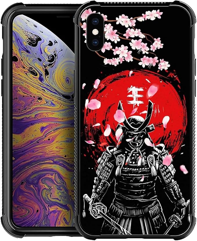 for iPhone X/Xs Case, Sakura Japanese Samurai Pattern Graphic Design Girl Boy Soft Silicone Hard Acrylic Shock Protection for iPhone X/Xs