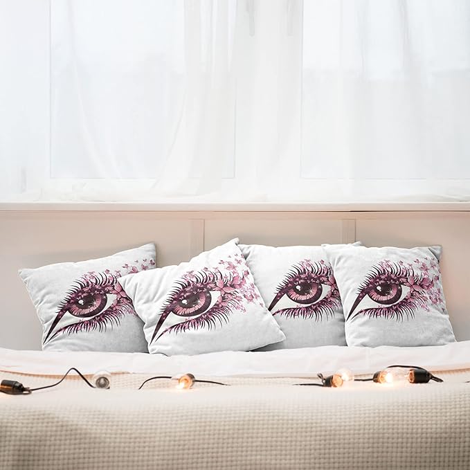 Ambesonne Butterflies Throw Pillow Cushion Case Pack of 4, Female Eye Eyelashes Mascara Stare Party Makeup Animal Print, Modern Accent Double-Sided Digital Printing, 20", Pink White