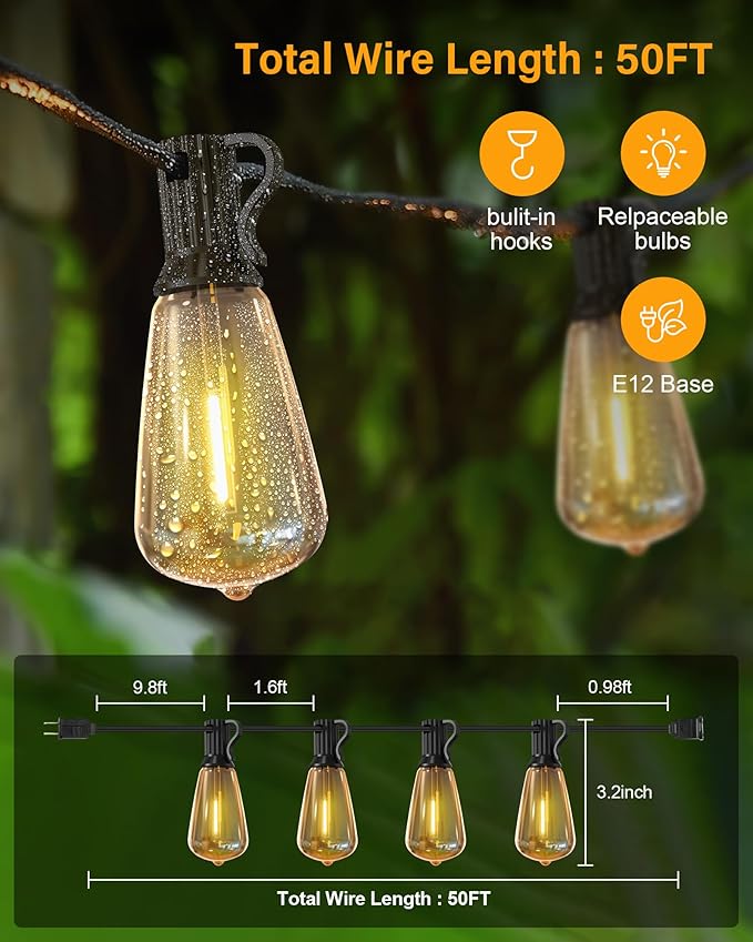 Doukedge String Lights for Outside, 150FT (50FT 3 Pack) Patio Lights Outdoor Waterproof with 75+6 Shatterproof Vintage Bulbs, Plug in Hanging Light for Porch, Blacony, Backyard, Bistro, Garden, 2700K