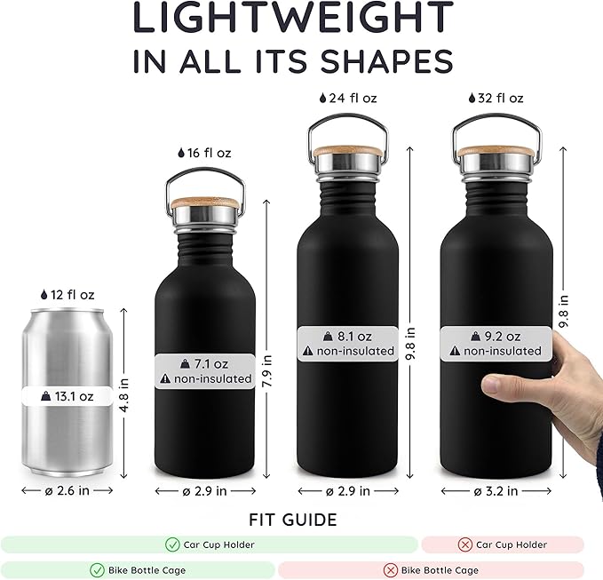 Bambaw 16 oz Stainless Steel Water Bottle, Black - Non-insulated, Dishwasher Safe, No Straw