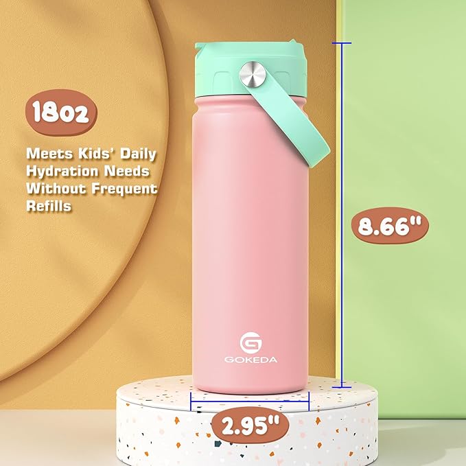 GoKEDA 18oz Kids Water Bottle, 2 Pack Insulated Bottles with Stickers, 18/8 Stainless Steel Vacuum Leak Proof Straw Cup for School, Gifts for Boys Girls(LightBlue+DarkGreenBlue)