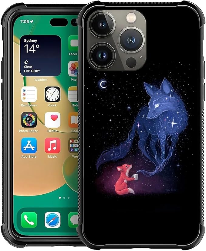 for iPhone 14 Pro Max Case, Galaxy Fox Wolf Pattern Graphic Design Girl Boy Soft Silicone Hard Acrylic Shock Protection for iPhone 14 Pro Max