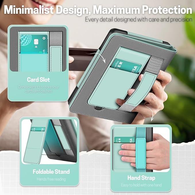 TNP Stand Case for Kindle Paperwhite 12th Generation 2024 / Kindle Colorsoft Signature Edition with Hand Strap & Card Slot - 7" PU Leather Protective Folio Cover with Auto Wake/Sleep, Agave Green