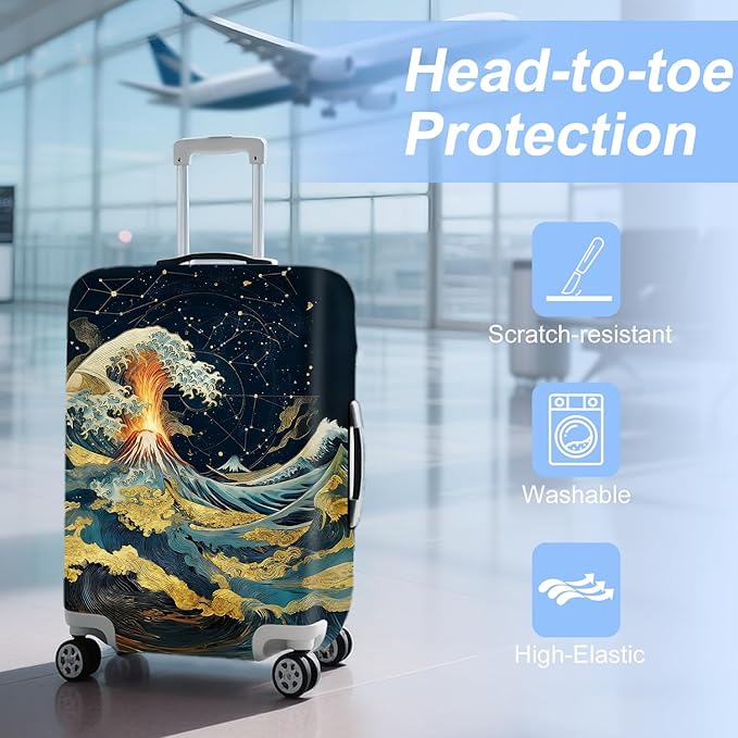 ANNA QUEEN Ocean Waves Travel Luggage Cover -Stretchable Airplane Suitcase Protector Sleeve,Universal Washable Fit for 20-26 Inch Checked Baggage,Water Resistant Durable Luggage Protector,M