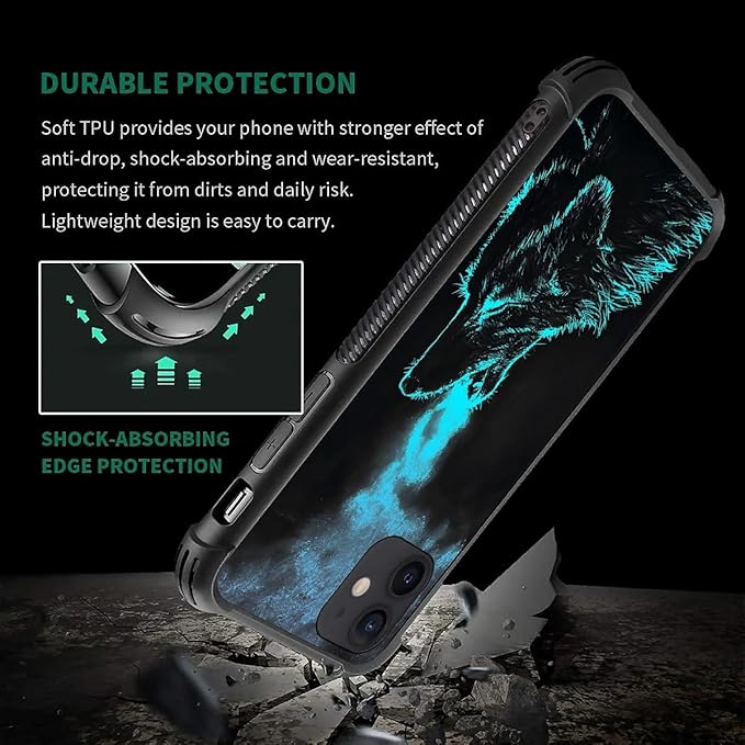 for iPhone 12/12 Pro Case, Blue Breathing Wolf Pattern Graphic Design Girl Boy Soft Silicone Hard Acrylic Shock Protection for iPhone 12/12 Pro