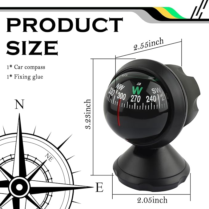 Compass for Car with Bottom Stick Car Compass Ball,Adjustible and Night Vision Car Compass Dashboard for Find Direction,Universal Car Accessories for Boat Car Truck SUV