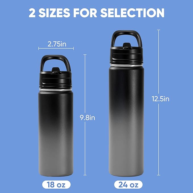 Fijinhom 24oz Insulated Stainless Steel Water Bottle with Straws, Double Wall Vacuum Insulated Bottles, Metal Thermo for Travel, Sports, Leak-Proof, BPA Free, Women & Men, Grey Gradient