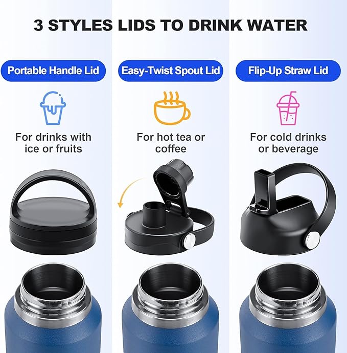 HYDROWION Water Bottle Stainless Steel,Vacuum Insulated Leak Proof Tumbler 32oz with Straw Lid, Spout Lid and Flex Cap(Cold for 48 Hrs, Hot for 24 Hrs), Fit in Any Car Cup Holder, Moss