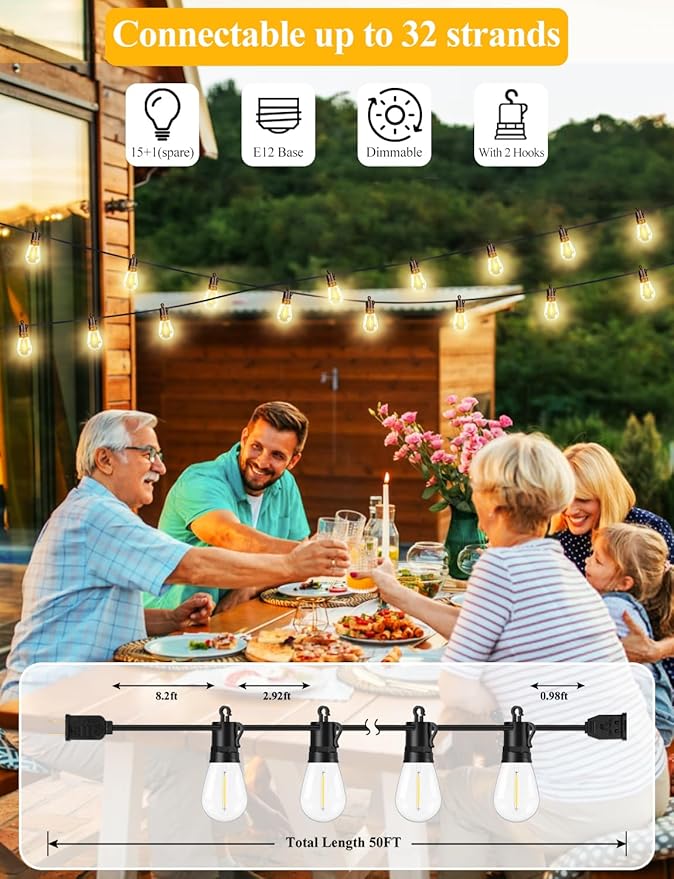 Brightever 50FT LED String Lights, Outdoor Lights for Patio with 16 Shatterproof S14 Edison Bulbs, Commercial Grade Waterproof Rope Light for Outside, Cafe, Bistro, Porch, Garden, 2700K Warm White