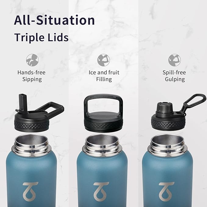 Trebo 32oz Water Bottle Insulated with Lid and Straw,Triple Wall Vacuum Stainless Steel Metal Tumbler Sports Flask with Paracord Handle, Keep Cold 48 Hours Water Cup with 3 Lids, Indigo/Black
