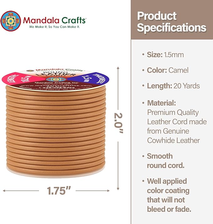 Mandala Crafts Round Genuine Camel Leather Cord for Jewelry Making – 1.5mm Cowhide Leather Rope String Lace for Kumihimo – 20 Yards Cowhide Craft Cording Spool