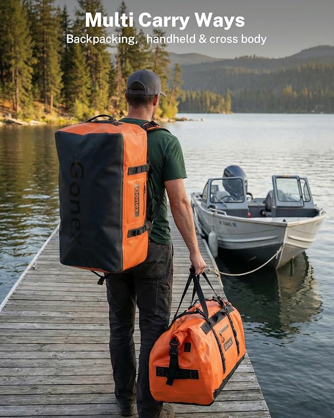Gonex Waterproof Duffel Bag, 120L Heavy Duty Dry Duffle Bag with Reinforced Thickened Bottom, 3-in-1 Convertible Large Travel Backpack for Kayaking, Motorcycle, Camping & Boating, Orange