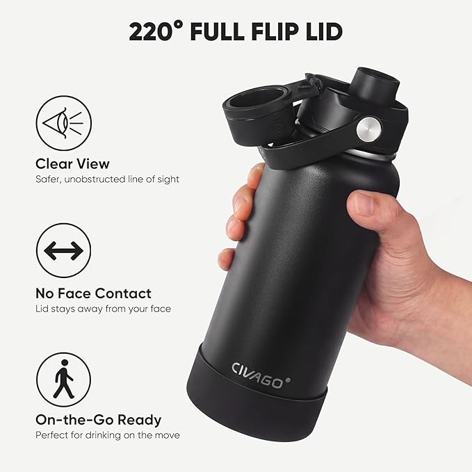 CIVAGO 32 oz Insulated Stainless Steel Water Bottle with Detachable Straw, Large Metal Water Jug with Bucket Handle, Leakproof Sports Water Flask with Silicone Boot, Dishwasher Safe, Indigo Black