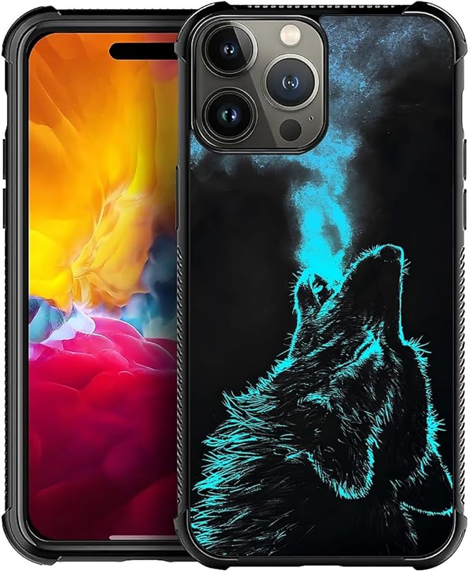 for iPhone 15 Pro Max Case, Blue Breathing Wolf Pattern Graphic Design Girl Boy Soft Silicone Hard Acrylic Shock Protection for iPhone 15 Pro Max