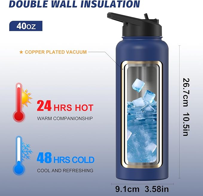 40oz Insulated Water Bottle (Cold for 48 Hrs),BPA Free&Leak Proof,Stainless Steel Water Flask,Water Jug with Straw Spout Lids for Gym,Hiking,Travel,Deep Blue