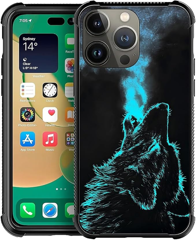 for iPhone 12 Pro Max Case, Blue Breathing Wolf Pattern Graphic Design Girl Boy Soft Silicone Hard Acrylic Shock Protection for iPhone 12 Pro Max