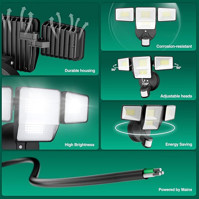 70W 7000LM Security Lights Outdoor, 4-Head LED Motion Sensor Light, Hardwired Dusk to Dawn Flood Light, 6500K Daylight, IP65 Waterproof, 3 Modes for Yard Garage Porch (1)