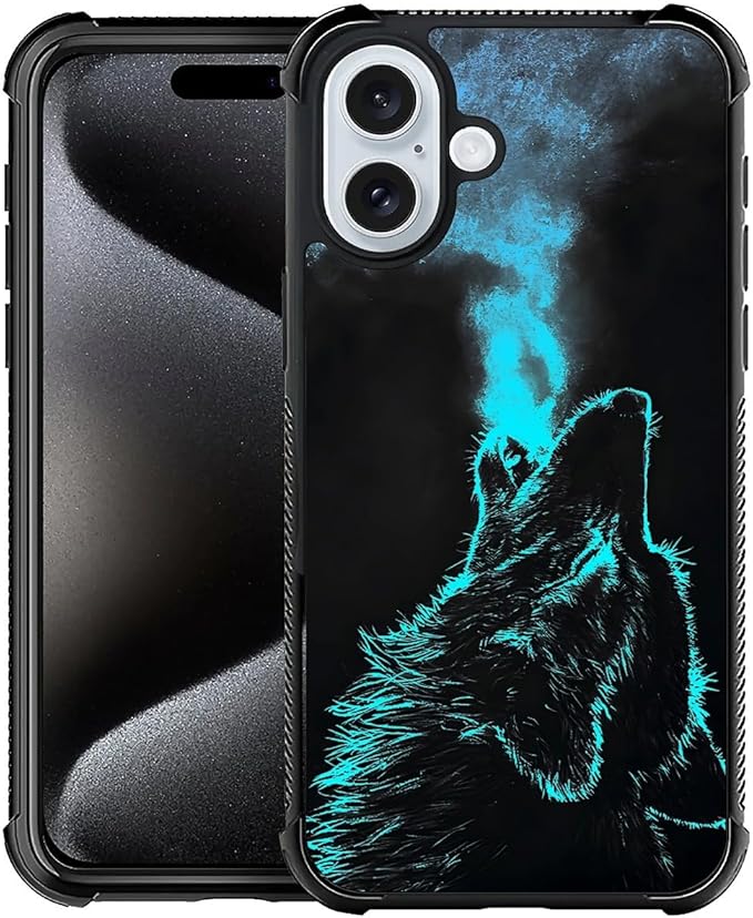 for iPhone 16 Plus Case, Blue Breathing Wolf Pattern Graphic Design Girl Boy Soft Silicone Hard Acrylic Shock Protection for iPhone 16 Plus