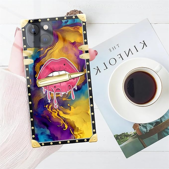 Compatible with iPhone 13 Case, Cool Corlorful Lip Marble Luxury Golden Decoration for Girl Women Soft TPU Shockproof Protective Hard PC Back for iPhone 13