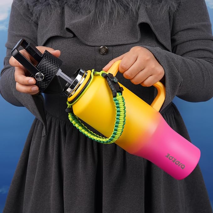 BJPKPK Insulated Water Bottles with Straw Lid, 23oz Metal Water Bottle with 2 lids & Paracord Strap, Double Wall Stainless Steel Vacuum Tumblers, Cups,Thermo for Hot& Cold Drinks, Pink & Yellow Rose