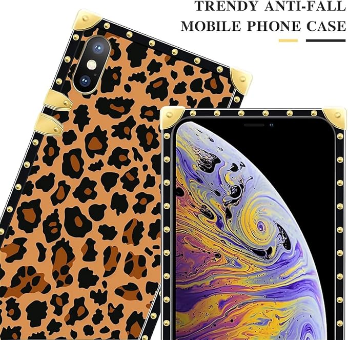 Compatible with iPhone Xs Max Case, Brown Leopard Texture Luxury Golden Decoration for Girl Women Soft TPU Shockproof Protective Hard PC Back for iPhone Xs Max