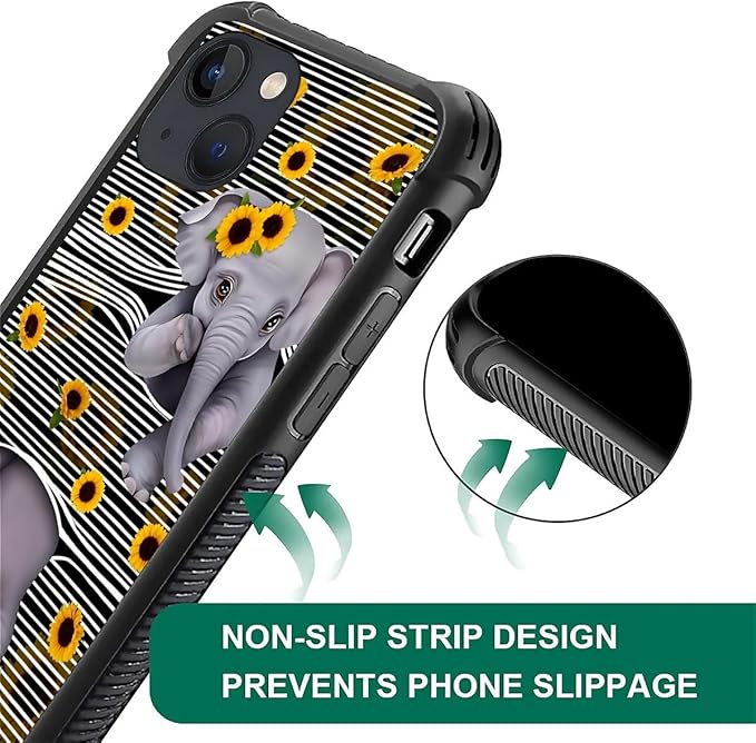 for iPhone 14 Plus Case, Cute Little Elephant Sunflower White Line Art Pattern Made of Soft Silicone Hard Acrylic Shock Protection for iPhone 14 Plus