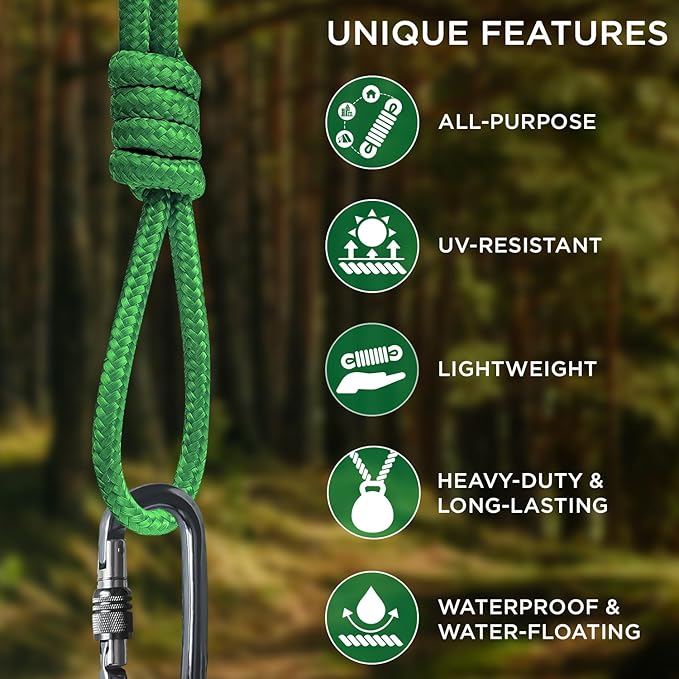 TECEUM Rope – 90 Feet x 1/4 Inch (7mm) – Green – Strong All-Purpose Utility Rope – Camping, Crafting, Flag Pole, Indoor & Outdoor – Polypropylene Nylon Poly Lightweight Diamond Braided Cord