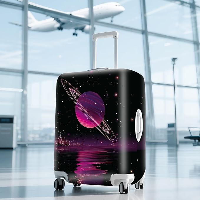 ANNA QUEEN Cosmic Purple Saturn Luggage Cover-Stretchable,Water Resistant & Durable Suitcase Protector,Universal Washable Fit for 32-34 Inch Checked Baggage