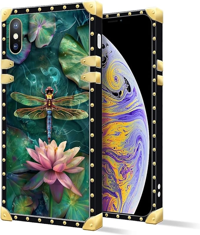 Compatible with iPhone Xs Max Case, Colourful Dragonfly Pink Lily Pads Luxury Golden Decoration for Girl Women Soft TPU Shockproof Protective Hard PC Back for iPhone Xs Max