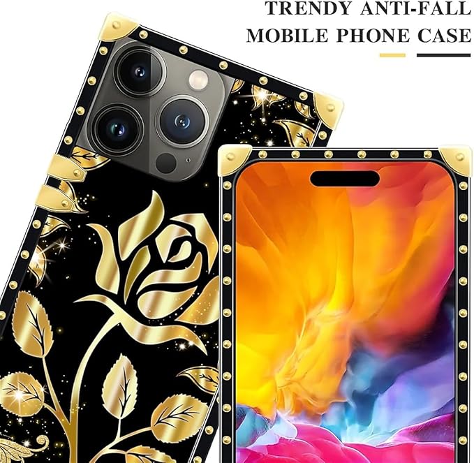Compatible with iPhone 15 Pro Case, Shine Gold Rose Luxury Golden Decoration for Girl Women Soft TPU Shockproof Protective Hard PC Back for iPhone 15 Pro