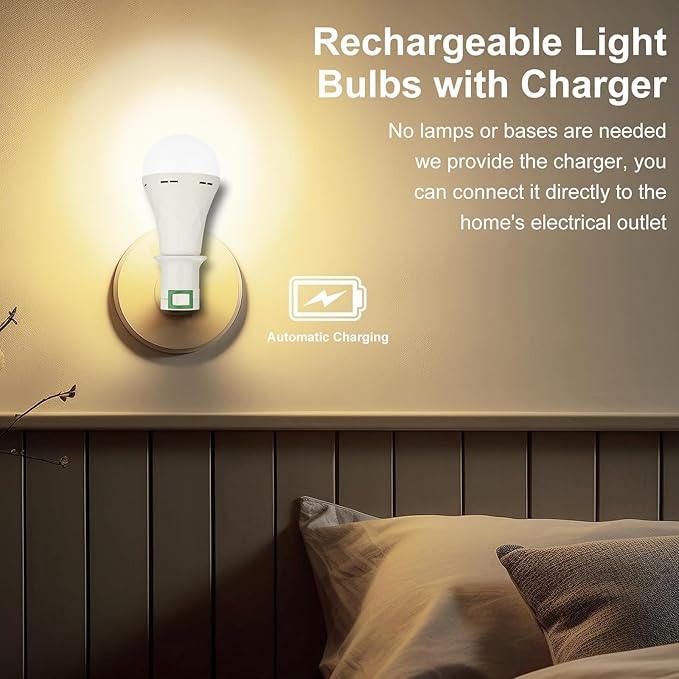 Ostwiki 2 Pack Emergency Rechargeable Light Bulbs,Battery Operated Backup Light Bulb 9W E27 8500K 1200mAh White Equivalent Self-Charging LED Light Bulbs for Power Outage Camping Outdoor Activity