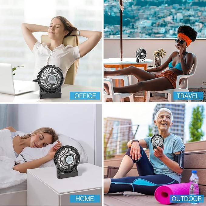 efluky 4.9-Inch Mini Desk Fan - 3 Speeds, Rechargeable Battery/USB Powered with LED Light, Quiet Portable Fan for Home, Office, Travel, Camping (Black)