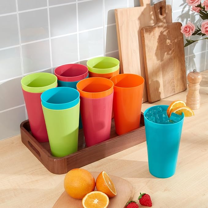 Plastic Cups Large Tumblers 35-ounce Reusable Drinking Glasses set of 8-Multicolor Unbreakable Drinkware, BPA-free, Microwave Safe
