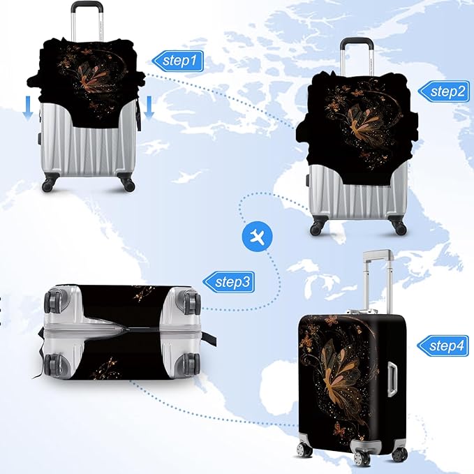 ANNA QUEEN Gold Butterfly Travel Luggage Cover -Stretchable Airplane Suitcase Protector Sleeve,Universal Washable Fit for 20-26 Inch Checked Baggage,Water Resistant Durable Luggage Protector
