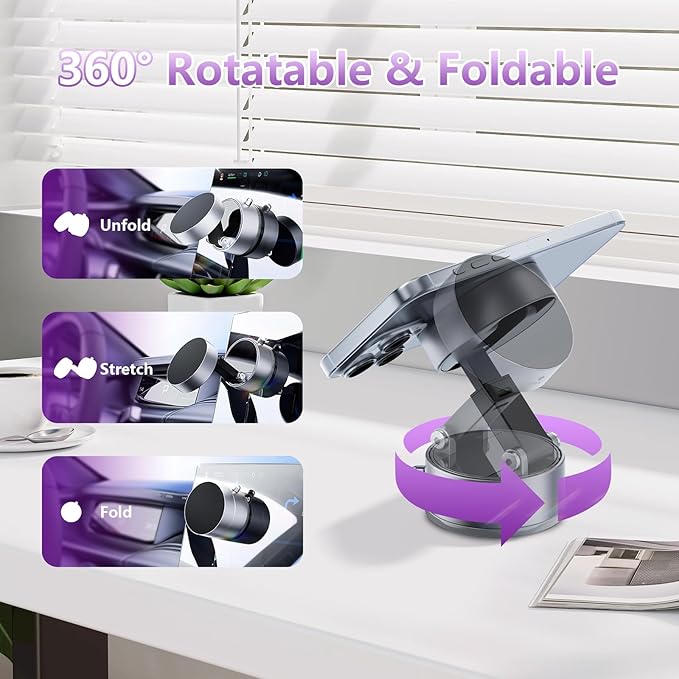 Vacuum Magnetic Phone Holder,Foldable Magnetic Suction Phone Mount,360° Rotation Car Phone Holder,Cell Phones Car Accessories,Hands-Free Phone Holders Suitable to Mirror,Gym,Kitchen (Grey)